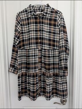 LOFT Plaid Button-Front Shirt Dress in Black, White & Tan